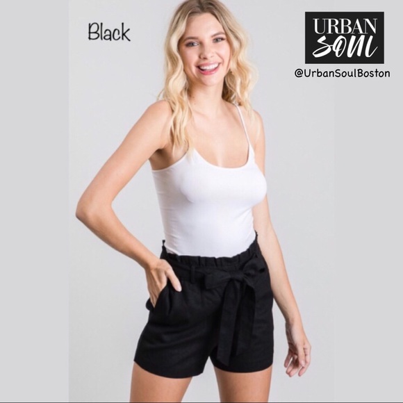 Linen Blend Paper Bag Shorts w/Tie Waist - Black - Picture 2 of 4